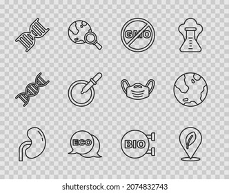 Set line Human kidney, Location with leaf, No GMO, Label for eco healthy food, DNA symbol, Petri dish pipette, Bio and Earth globe icon. Vector