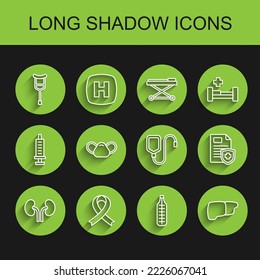 Set line Human kidneys, Awareness ribbon, Crutch or crutches, Medical thermometer, organ liver, protective mask, Patient record and IV bag icon. Vector