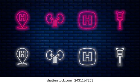 Set line Human kidneys, Hospital signboard, Location hospital and Crutch or crutches. Glowing neon icon on brick wall. Vector