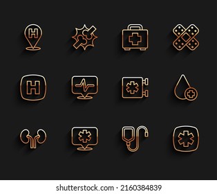 Línea de riñones humanos, hospital de localización, bolsa IV, emergencia - Estrella de la vida, frecuencia cardíaca, donar sangre de gota e icono. Vector
