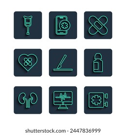 Set line Human kidneys, Monitor with cardiogram, Medical symbol of the Emergency, Crossed bandage plaster, surgery scalpel, Healed broken heart, Crutch crutches and Eye drop bottle icon. Vector