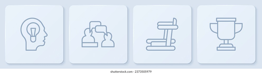 Set line Human with lamp bulb, Treadmill machine, Two sitting men talking and Award cup. White square button. Vector