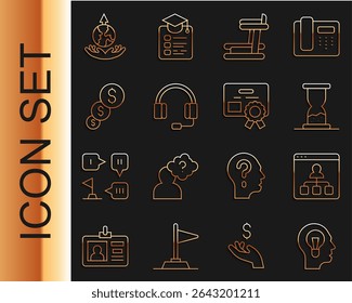 Set line Human with lamp bulb, Online education, Old hourglass sand, Treadmill machine, Headphones, Financial growth dollar, World expansion and Certificate template icon. Vector