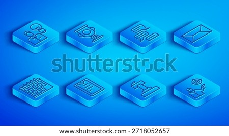 Set line Human with lamp bulb, Award cup, Speech bubble chat, Clipboard checklist, Stage stand or tribune, Envelope, Calendar and Marketing target strategy icon. Vector
