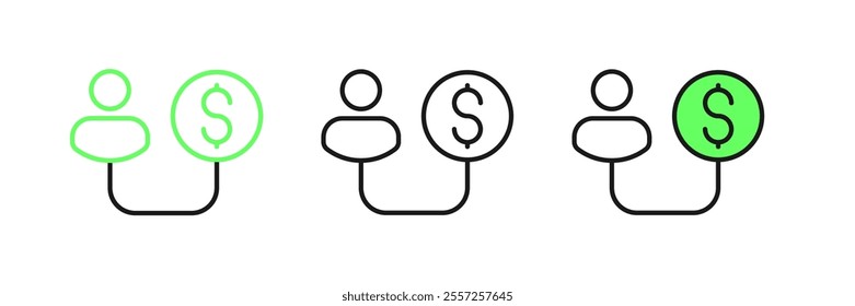 Set line Human and money icon isolated on white background. Concept of attracting investments. Big business profit attraction and success.  Vector