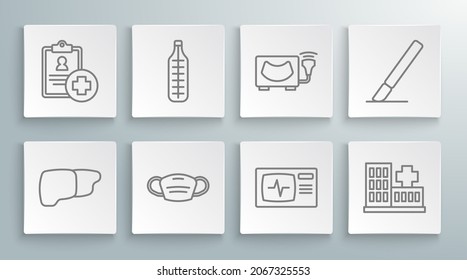 Set line Human organ liver, Medical thermometer, protective mask, Monitor with cardiogram, Hospital building, Ultrasound, Surgery scalpel and Patient record icon. Vector