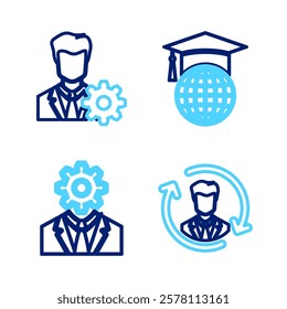 Set line Human resources, Head with gear inside, Graduation cap on globe and Profile settings icon. Vector