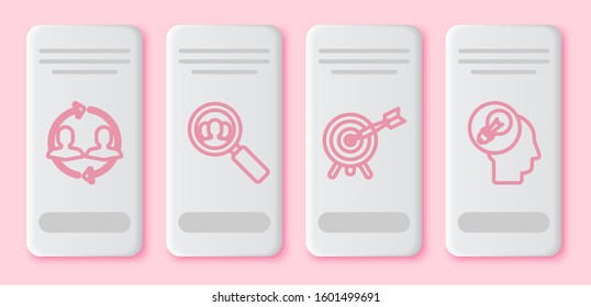 Set line Human resources, Magnifying glass for search a people, Target with arrow and Human head with lamp bulb. White rectangle button. Vector