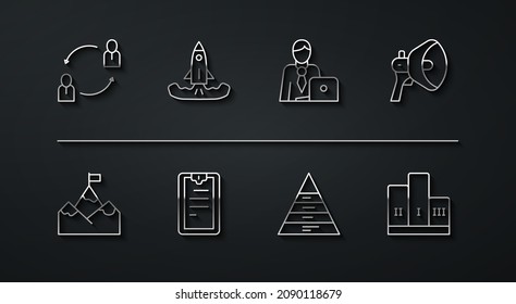 Set line Human resources, Mountains with flag, Megaphone, Pyramid chart infographics, Clipboard checklist, Rocket, Award over winner podium and Businessman icon. Vector