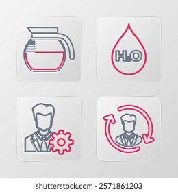 Set line Human resources, Profile settings, Water drop with H2O and Coffee pot icon. Vector