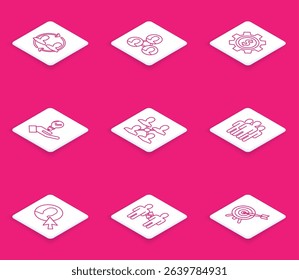 Set line Human resources, Project team base, Gear with dollar symbol, Light bulb in hand, Users group, of business suit and  icon. Vector