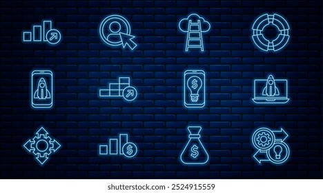 Definir linha Recursos humanos, conceito de projeto de inicialização, Escada com bandeira de acabamento, Crescimento financeiro, Lâmpada dólar móvel e Criar ícone de tela de conta. Vetor