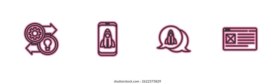Establecer la línea Recursos humanos, el concepto de proyecto de inicio y el icono de la ventana del navegador. Vector