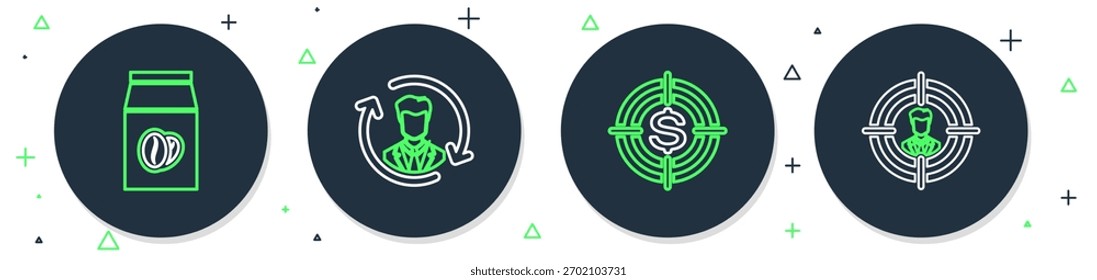Definir linha Recursos humanos, Alvo com dólar, Grãos de café em saco e ícone de caça da cabeça. Vetor