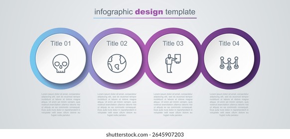 Set line Human skull, Earth globe, Museum guide and Rope barrier. Business infographic template. Vector