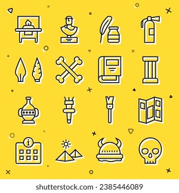 Set line Human skull, Museum guide brochure, Ancient column, Feather and inkwell, Crossed human bones, Stone age arrow head, Glass showcase for exhibit and History book icon. Vector