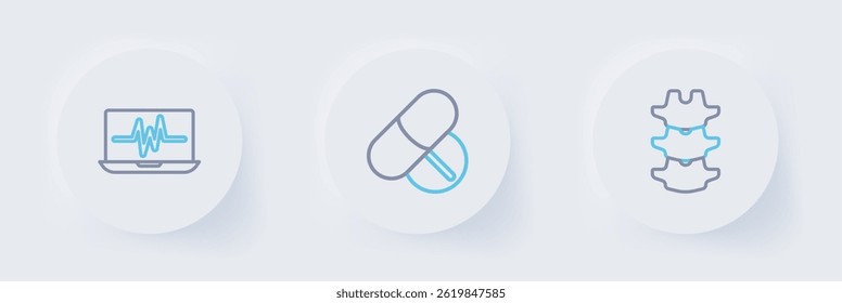 Set line Human spine, Medicine pill or tablet and Laptop with cardiogram icon. Vector