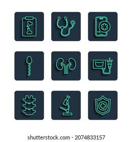 Set line Human spine, Microscope, Life insurance hand, Emergency phone call, kidneys, Sperm, X-ray shots and Ultrasound icon. Vector