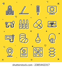 Set line Human spine, Sore throat, Laptop with cardiogram, Medical thermometer, vial, ampoule, Blood pressure, hospital building and Medicine pill tablet icon. Vector
