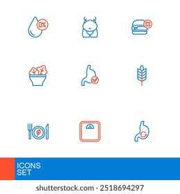 Set line Human stomach health, Bathroom scales, Vegan food diet, Wheat, Salad in bowl, No burger and Obesity icon. Vector