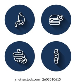 Set line Human stomach health, No burger, Intestines and Smart watch with heart with long shadow. Blue circle button. Vector