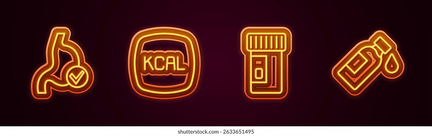 Set line Human stomach health, Kcal, Vitamins and Bottle of water. Glowing neon icon. Vector