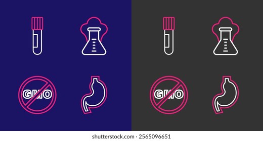 Set line Human stomach, No GMO, Chemical explosion and Test tube and flask icon. Vector