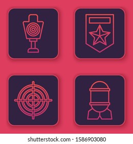 Set line Human target sport for shooting , Target sport for shooting competition, Chevron  and Aviation bomb . Blue square button. Vector