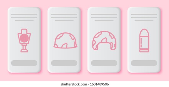 Set line Human target sport for shooting , Military helmet , Military helmet  and Bullet . White rectangle button. Vector