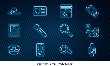 Set line Human target sport for shooting, Marker of crime scene, Evidence bag with bullet, Flashlight, Wanted poster, Sheriff hat badge, Magnifying glass search and Police case icon. Vector
