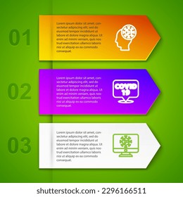 Set line Human and virus, Corona on location, Virus statistics monitor and Earth with medical mask. Business infographic template. Vector