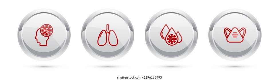 Fijar la línea Humano y Virus, Pulmones, Prueba de Sangre y Máscara de protección médica. botón Círculo plateado. Vector