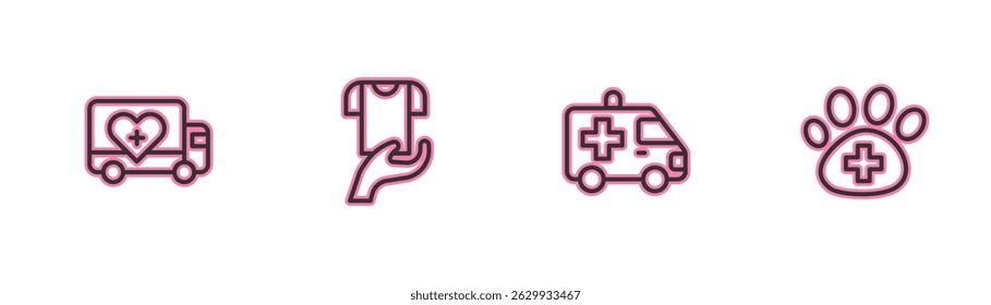 Set line Humanitarian truck, Ambulance car, Clothes donation and Veterinary clinic icon. Vector