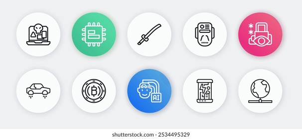 Set line Humanoid robot, Cyber security, Fantastic flying car, Cryogenic capsules, Artificial intelligence, Katana, Global technology and Cryptocurrency coin Bitcoin icon. Vector