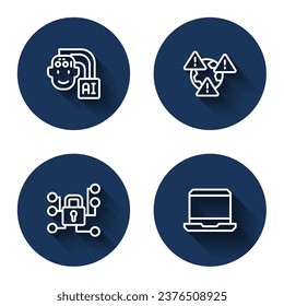 Set line Humanoid robot, Earth with exclamation mark, Cyber security and Laptop with long shadow. Blue circle button. Vector