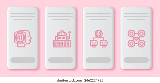 Set line Humanoid robot, Error in, Artificial intelligence and Drone. White rectangle button. Vector