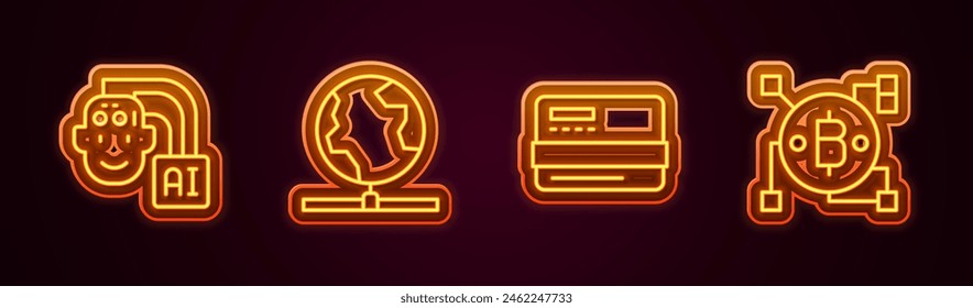 Set line Humanoid robot, Global technology, Credit card and Blockchain Bitcoin. Glowing neon icon. Vector