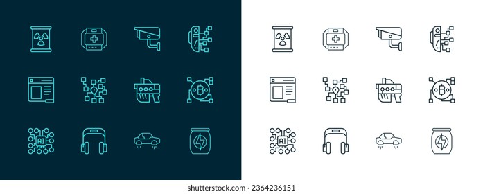 Set Linie Humanoid Roboter, Kopfhörer, Futuristische Waffe, Fantastisches Fliegerauto, Neuronales Netzwerk, Sicherheitskamera, Radioactive Müll Fass und Erste Hilfe Kit Icon. Vektorgrafik