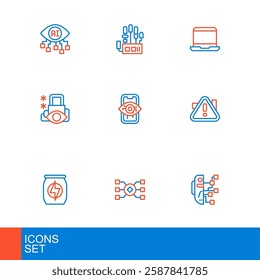 Set line Humanoid robot, Neural network, Energy drink, Exclamation mark triangle, Cyber security, Computer vision, Laptop and Mechanical hand icon. Vector