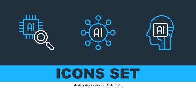 Set line Humanoid robot, Processor CPU and Neural network icon. Vector