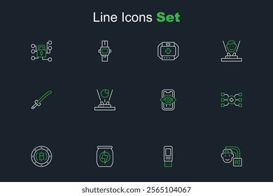 Set line Humanoid robot, USB flash drive, Energy drink, Cryptocurrency coin Bitcoin, Neural network, Computer vision, Hologram and Katana icon. Vector