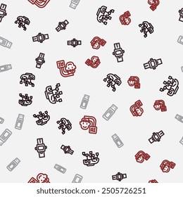 Set line Humanoid robot, Wrist watch, USB flash drive and  on seamless pattern. Vector