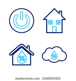 Set line Humidity, House humidity, under protection and Power button icon. Vector