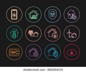 Set line Humidity, House with wind turbine, under protection, solar panel, Smart home remote control system, for smart, humidity and  icon. Vector