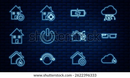 Set line Humidity, Smart glasses, Battery, Power button, House, home,  and  icon. Vector