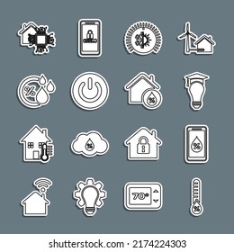 Die Linie Humidity, for smart home, Light Bulb and Graduation Cap, Thermostat, Power Button, Smart und House Feuchtigkeitssymbol. Vektorgrafik