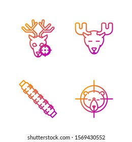 Set line Hunt on bear with crosshairs, Hunting cartridge belt with cartridges, Hunt on deer with crosshairs and Moose head with horns. Gradient color icons. Vector