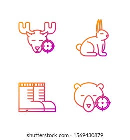 Set line Hunt on bear with crosshairs, Hunter boots, Hunt on moose with crosshairs and Rabbit. Gradient color icons. Vector