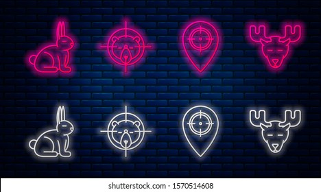 Set line Hunt on bear with crosshairs, Hunt place, Rabbit and Moose head with horns. Glowing neon icon on brick wall. Vector