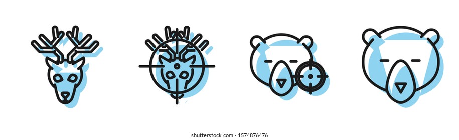 Set line Hunt on bear with crosshairs, Deer head with antlers, Hunt on deer with crosshairs and Bear head icon. Vector